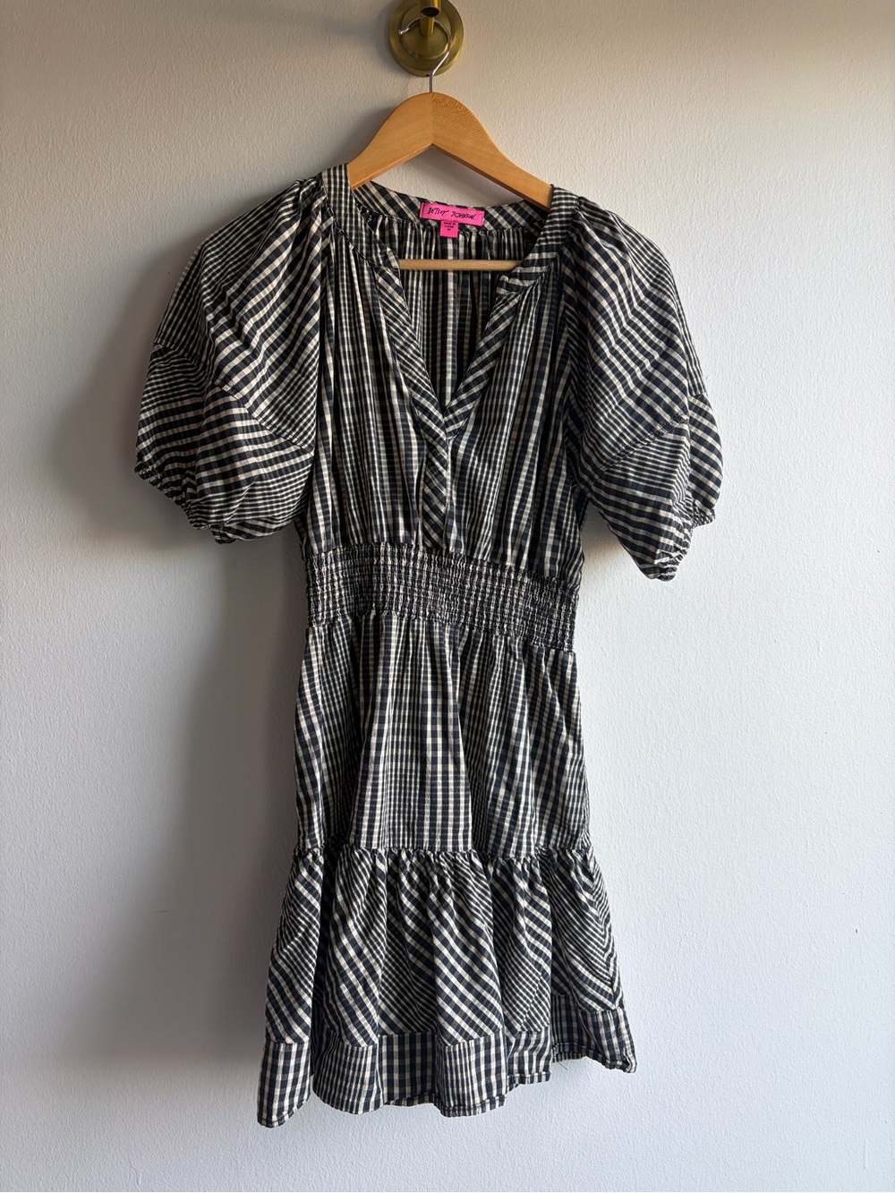 Betsey Johnson Black and White Gingham Puff-Sleeve Mini Dress